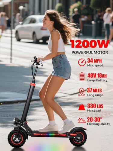 Image of Offroad Electric Scooter Adults 1200W - 37 Miles Long Range,11 inch Tubeless Tire,34Mph Fast Electric Scooters,Dual Suspension & Braking Systems,Foldable Commuter All-Terrain Escooter with Detachable Seat