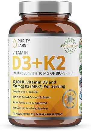 Purity Labs Vitamin D3 K2 10000 IU, (250mcg) D3 + 200mcg K2 MK7 - Immune Support Supplement Enhanced with Bioperine - Vegan Supplements for Daily Defense, Bone, Muscle & Skin Health - 120 Capsules