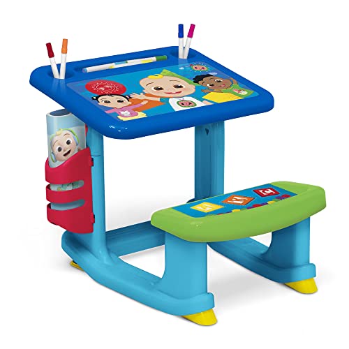 CoComelon Draw and Play Desk by Delta Children – Includes 10 Markers and Coloring Book, Blue