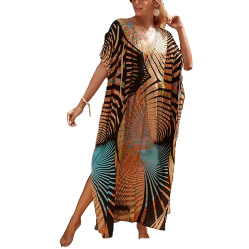 Image of sunforyou Kaftan Dresses for Women Plus Size Lightweight Swimsuit Cover up Batwing Sleeve Print Loungewear Beach Robe