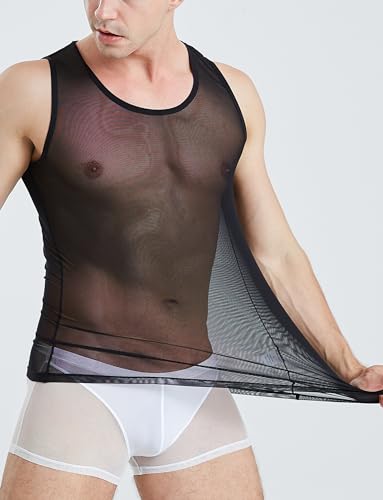 Panegy Men Sheer Mesh Tank Top Sleeveelss Fitted Gym Muscle Undershirt Round Neck Pullover Top Tees3