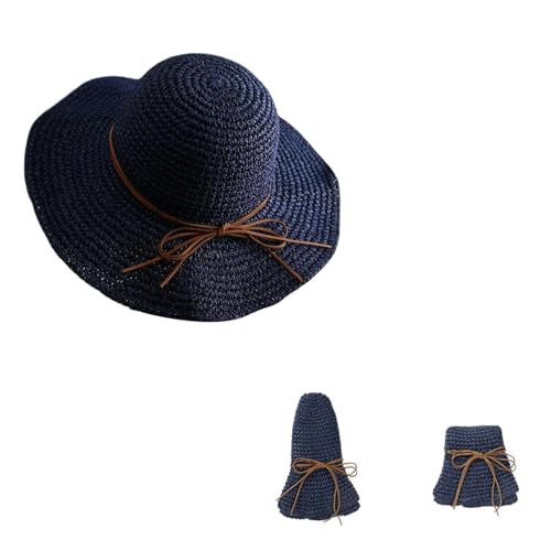 REPALY Breiter Sommer-/Strandhut Aus Stroh, Faltbarer Sonnenhut für Damen, Zum Campen, Wandern, Reisen(Blue)