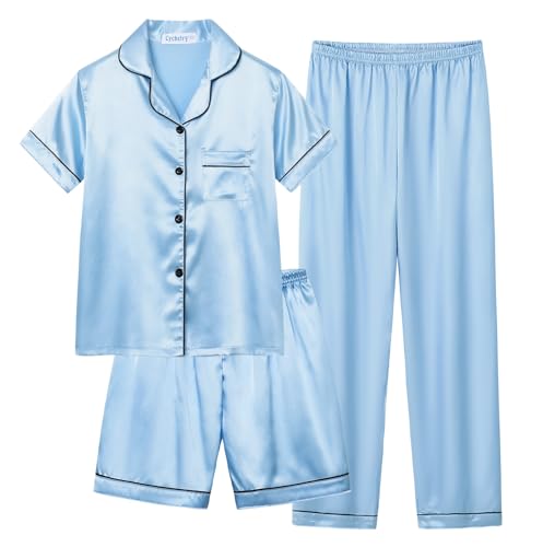 CYCHELRY Little Big Girls Satin Pajamas Summer Short Sleeve and Pants Button Down Silky PJS 3PCS Sleepwear Set Size 8-16