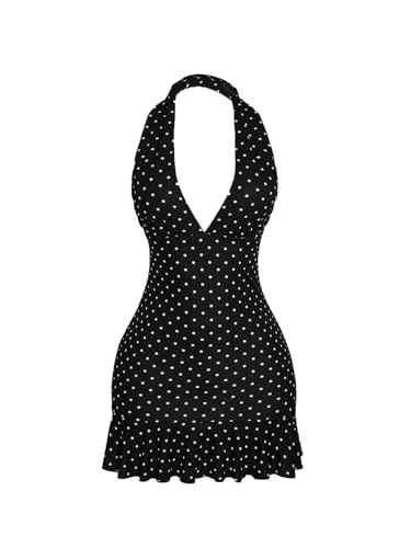 Floerns Women's Plus Size Polka Dots Mini Dress Halter Neck Open Back Vintage Dresses