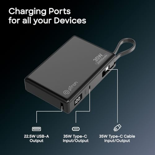 Image of pTron Dynamo Sprint 20000mAh Power Bank w /Built-in Charging Cable, 35W Super Fast Charging, USB Type-C Input Powerbank Compatible with QC3.0 /PD3.0, 3 Charging Outputs, Type-C Input /Output Port(Black)