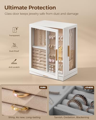 360° Rotating Jewelry Box with 5 Drawers, Spacious Vertical Jewelry Organizer with Glass Window, Jewelry Storage Case, Dustproof & Moisture-resistant Design, White4