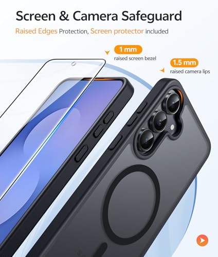 FNTCASE for Samsung Galaxy S25 FE Case: Magnetic Translucent Matte Military Grade Drop Proof Protection Cell Phone Cover - Slim Rugged Durable Shockproof Protective S25Fe Cases (Black-6.7 inch)