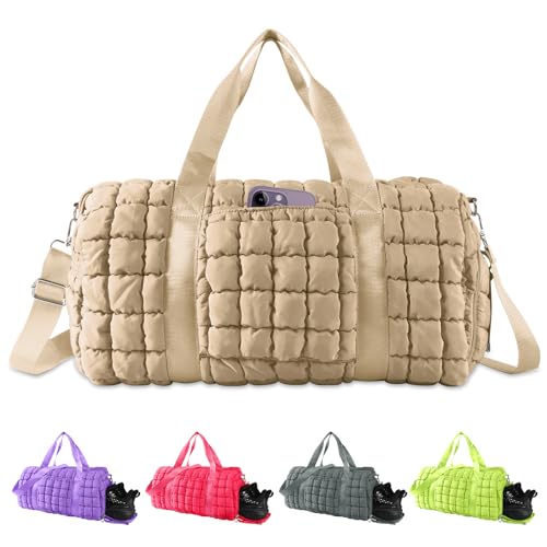 Image of Quilted Travel Duffle Bag Gym Bag for Women,Large Puffer Duffle Weekender Bag with Compartment,Workout Overnight Carry on Organizer Bag Duffle Bag for Airplane Travel(Khaki)