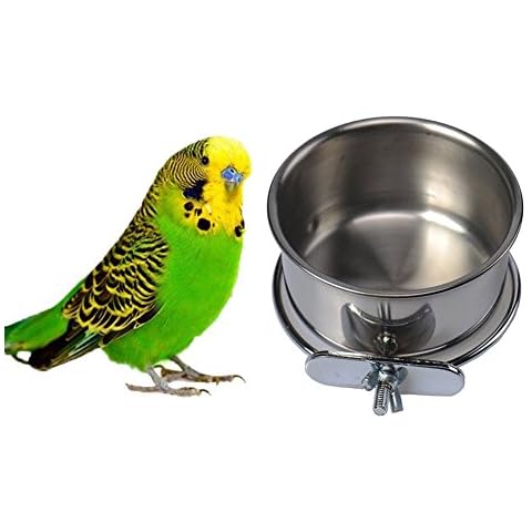 Hypeety Pet Bird Food Feeding and Drinking Hanging Cup Clamp Holder Stainless Steel Hanging Bowl for Parrot Macaw African Greys Budgies Parakeet Cockatiels Conure Lovebirds Finch Pigeon Cage Cover