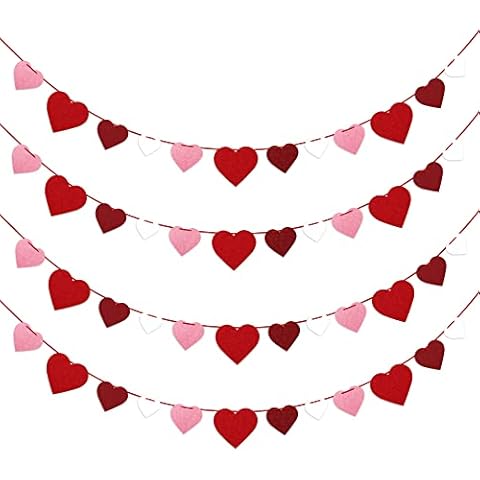 4Pcs Valentines Day Felt Heart Garland Banner- NO DIY- Valentines Decorations- Valentine's Day Party Decorations Supplies- Valentines Burgundy Pink Red White Heart Garlands for Home Fireplace Mantle Cover