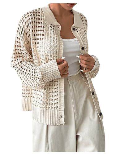 Women's Hollow Out Crochet Cardigan Sweater Collar Neck Button Front Cardigan Boho Loose Fit Casual for Summer Resort2