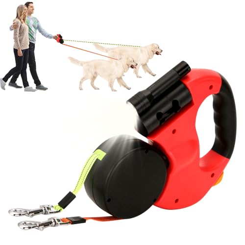 Mineup Guinzaglio doppio per 2 cani, 3M Guinzaglio doppio per cani retrattile, Guinzaglio Doppio per Due Cani, Doppio guinzaglio con luce LED per allungabile per due fino a 10 kg