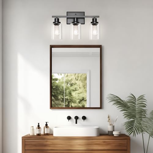 Image of Ascher Bathroom Light Fixtures, 3 Light Vanity Light with LED Bulbs Included, Black Wall Sconces with Clear Glass Shades for Mirror, Kitchen, Living Room, Hallway, Cabinet