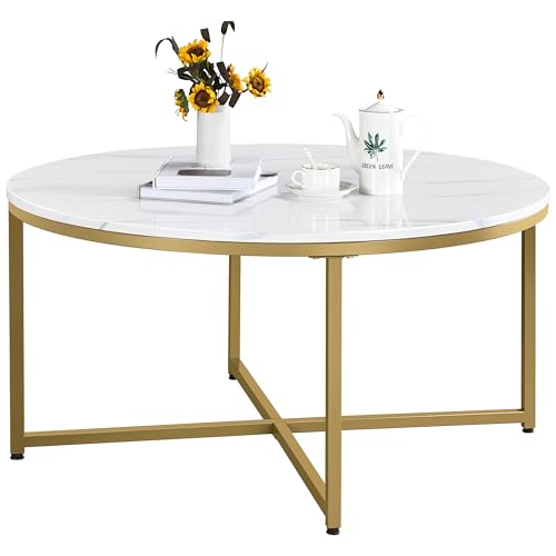 Yaheetech Faux Marble Coffee Table, 35.5in Gold Marble Coffee Table, Moden Round Table w/X-Base for...