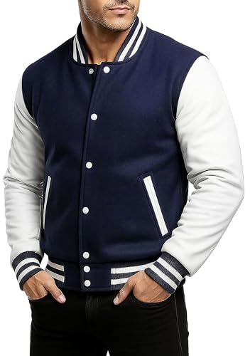Image of Men's Varsity Jacket Faux Leather Sleeve Wool Blend Letterman Jacket - High School Baseball Bomber Jackets for Men