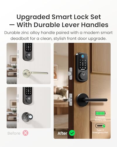 Image of DESLOC B200 Fingerprint Smart Lock with 2 Lever Handles, Keyless Entry Front Door Lock Set, Electronic Keypad Deadbolt, App Control, Auto Lock, Long Battery Life,Matte Black