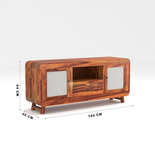 Image of Siddhivinayak Sheesham Wood TV Unit for Living Room | Solid Wooden TV Stand Cabinet with Storage Drawer, Cane Doors & Shelf | Entertainment Media Console Table | Honey Finish | 56.7 Inch