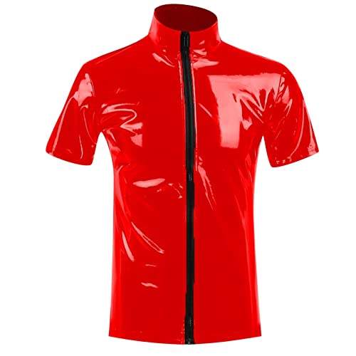 Latex ähnliches Herren Shirt Sexy Schwarz Leder Optik Männer Shirt Unterhemd Kurzarm Unterwäsche Stretch Hemd Tops Clubwear Guywear Freizeithemd Sommer Muskel Top Lack-Leder Oberteil 002