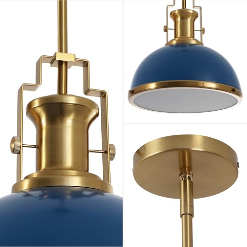 Image of JONATHAN Y Homer Industrial Dome Pendant 13 inch, Navy /Brass Gold | 1-Light, Farmhouse Style, Adjustable Hanging Height, Glass Diffuser, Sloped Ceiling Compatible, Metal, LED Bulb Included