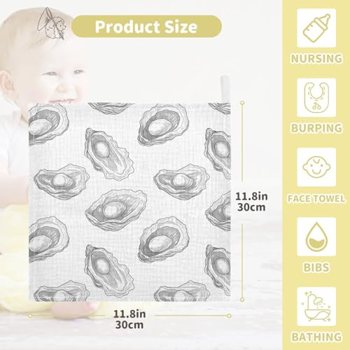 Image of vvfelixl Baby Muslin Washcloths Hand-Drawn Pearl Oyster Baby Burp Cloths Cotton Babys Face Towel for Infants Soft 11.8 X 11.8 in, 3 Pack
