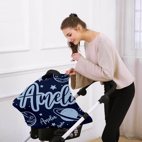 Image of Custom Car Seat Covers for Babies - Breathable Blue Planet Baby Car Seat Cover for Girls Boys, Kick-Proof Newborn Carrier Canopy Stretchy Stroller Cover for 4 Seasons