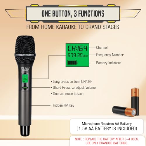 Image of CLAW CW-SR50H UHF Wireless Dynamic Microphone with Plug & Play Receiver, LED Display, One-Tap Mute, 50m Long Range, Rechargeable Metal Receiver for Karaoke, DJ & Stage