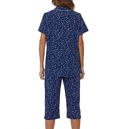 Image of Tugege Capri Pajamas Set Womens Button Down Short Sleeve Lounge Sets Sleepwear Notch Collar Top & Capri 2 Piece PJ Sets