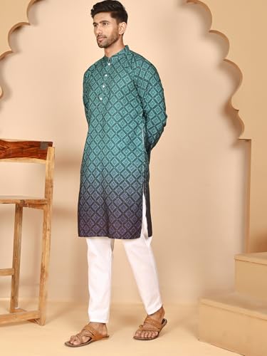 Image of Jompers Thread Work & Mequin Embellimhed Printed Kurta Met for Men (Teal Blue, M)