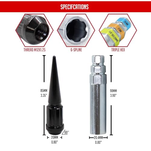 Image of Wheel Accessories Parts 20 Pcs M12 x 1.25 12 x 1.25 Thread Spike Spline 3.35 inch Long Lug Nuts Black Car Spline Hex Fits Nissan 370Z Sentra | Subaru BRZ Outback WRX | Toyota GR86