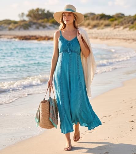 Image of Sakkas Allie Stonewashed Embroidered Adjustable Spaghetti Straps Long Dress