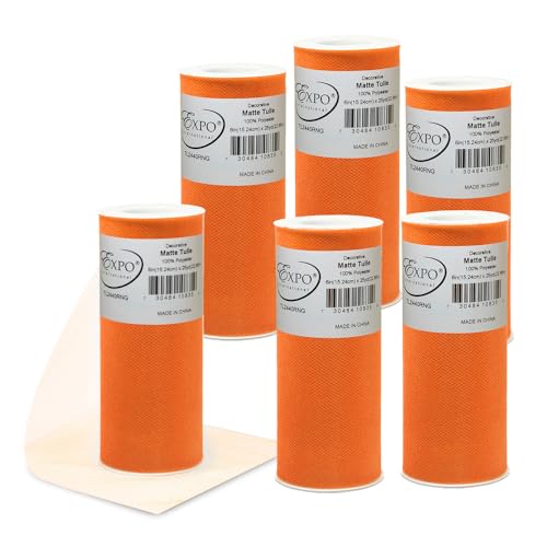 Expo International Decorative Matte Tulle, Lightweight Polyester Tulle Fabric for Tutus, Costumes, and Party Decorations, Washable, Easy-to-Use, 6 Inch x 25 Yards (Pack of 6), Orange