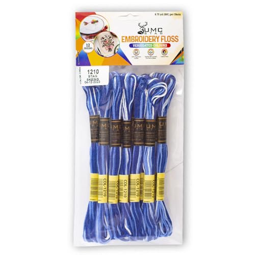 Image of Pack of 12 Premium Embroidery Thread | 100% Egyptian Cotton Premium Skeins | Cross Stitch Embroidery Floss | Oeko TEX Certified | Ideal for Arts & Crafts (Blue Variegated 1210)