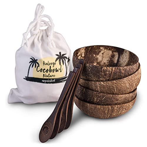 Kaloogo Cocobowl Nature - die 100% natürlich gewachsene Kokosnuss Schale (4er-Geschenk Set naturbelassen mit Loeffeln)