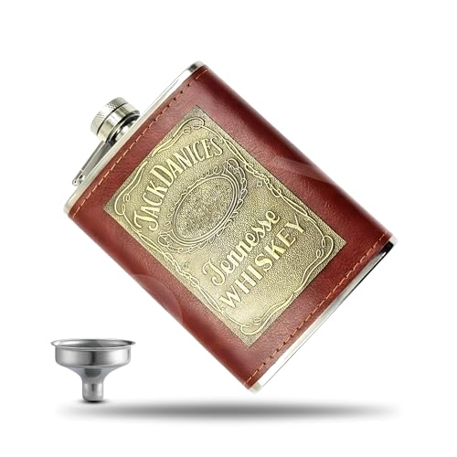 Image of Stainless Steel Hip Flask for Men & Women 8oz (236ml) - Whisky Flask Vodka Alcoholic Liquor Holder with Funnel Drinks Pocket Carrying Case - Leakproof Travel Flasks for Drinks, (Brown No.2)