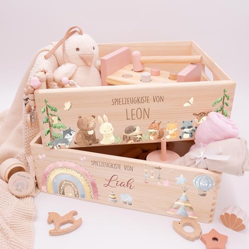 Kidsmood - Spielzeugkiste aus Holz mit Wunschnamen | Aufbewahrungsbox Kinder Spielzeug & Bücher | Praktische Holzkiste als Deko Kinderzimmer oder als Personalisierte Geschenke Baby zur Geburt & Taufe