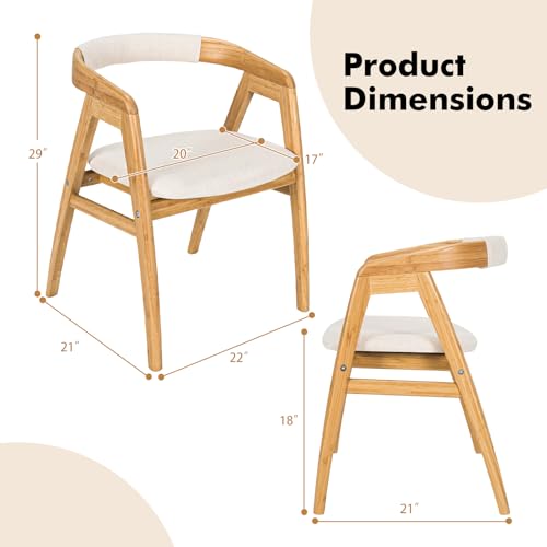 Image of COSTWAY Bamboo Accent Chairs Set of 4 with Wide Curved Backrest and Arms | Natural, Farmhouse Leisure Dining Chairs w /Comfy Cushion, Solid Legs, Upholstered Armchair for Living Room, Bedroom, Kitchen