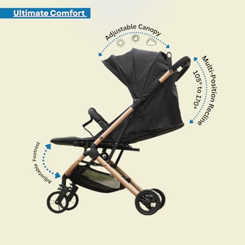 Image of Travel Mate Baby Stroller - Pre-Installed, Lightweight, Compact & Travel-Friendly | One-Hand Fold | Full Recline & 5-Point Harness | Newborn to Toddler (0-3 Yrs) | Elegant Rose Gold Frame - Black