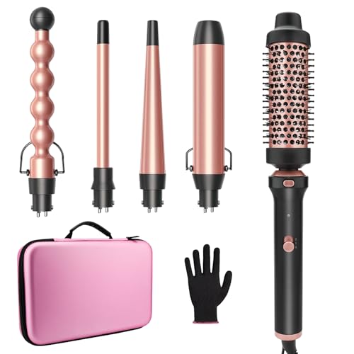GSKY 5 in 1 Curling Iron Set, Hair Curler with Curling Brush and 4 Interchangeable Ceramic Curling Wand(0.5”-1.25”), Fast Heating, Include Suitcase & 2 Clips & Heat Protective Glove