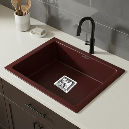 Image of ARQUIN Quartz Sink for kitchen 21x18x9 Inch Brown | Single Bowl Sink | Durable & Scratch-Resistant | Undermount /Topmount Including Coupling, Waste Pipe & Fruit Washing Basket