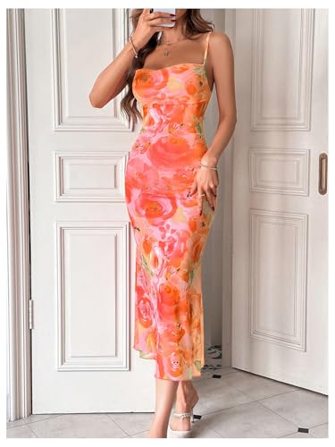 GORGLITTER Women's Floral Ruched Bodycon Midi Dress Mesh Fishtail Summer Wedding Guest Cocktail Going Out Dresses 20254