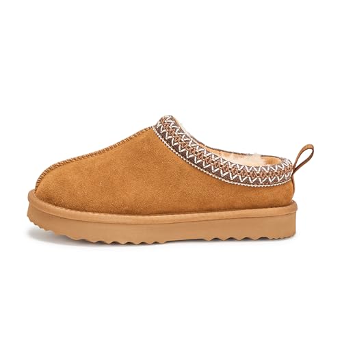 Image of Women's Shearling Slippers Genuine Leather with Rubber Sole, Sheepskin Fuzzy Indoor Outdoor Shoes for Home, L25608 CHES 8US