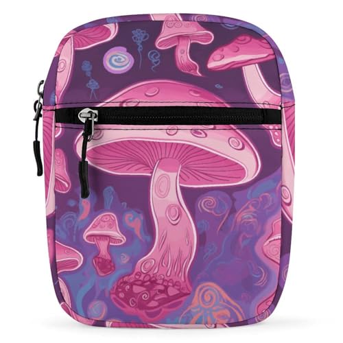 Personalized Small Crossbody Bag Water Resistant Messenger Bags Mini Pink Mushroom Printing SlingBag For Men Women