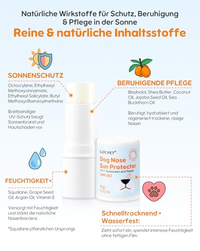 GJYC PET Hundenasen-Sonnenpflegebalsam – Feuchtigkeitsspendender Sonnenschutz mit Sheabutter & Vitamin E – Inkl. UV-Teststreifen – Natürlich & sicher für Sensible Haut