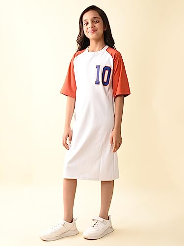 Image of LILPICKS Girls Colorblock Trapeze Drop Shoulder Dress (White Orange)