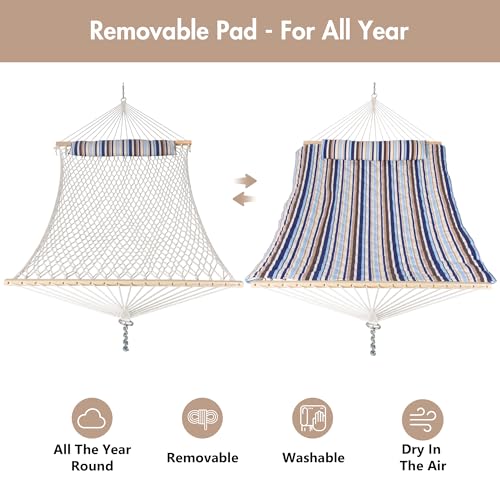 Image of ANOW Double Rope Hammock with Quilted Hammock Pad and Pillow, Blue Seaside