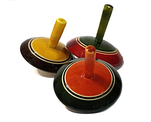 AzKrafts All-Natural Handmade Painted Wood Spinning Tops, Wooden Toys for Kids, Toddler Toys (Pack of 3)