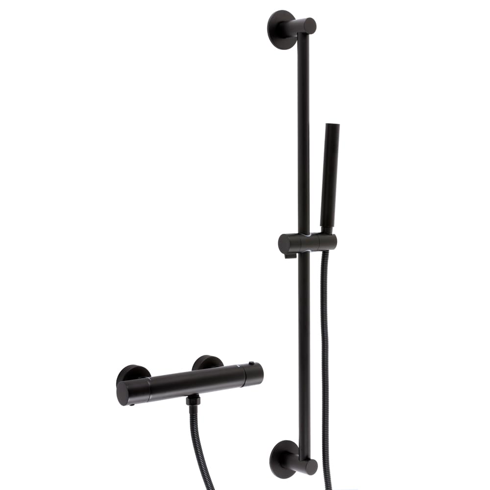 Milano Elsie Round Thermostatic Bar Mixer Valve Riser Rail Hand Shower Handset - Black