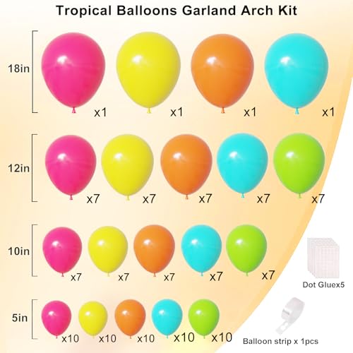 Image of Tropical Balloons, Hawaiian Party Balloons, Hot Pink Orange Teal Green and Yellow Latex Balloon for Summer Birthday Baby Shower Tropical Party Decorations