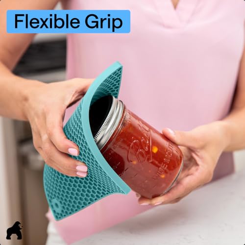 Image of GORILLA GRIP BPA-Free Soft Silicone Oven Mitts and Pot Holders Sets, Heat Resistant Waterproof Cooking Gloves, Thick Cotton Lining, Flexible Gripping for Baking Grilling, Kitchen Trivets, Turquoise