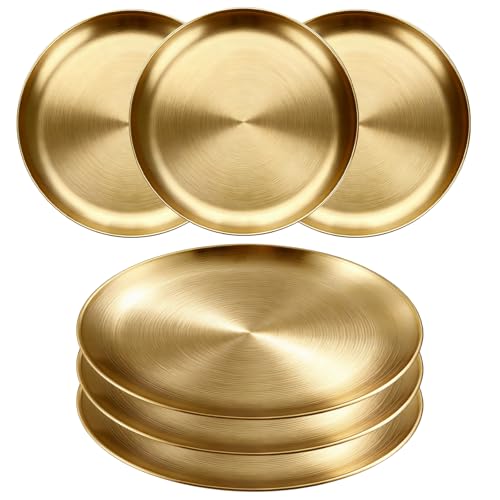 QingWing 6 Pièces Plats de Service en Inox Plateau Ronds, 20cm Or Ssiette Ronde En Acier Inoxydable, Argent Assiettes Rondes Acier Inoxydable Service, pour...